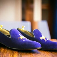 Handmade Men's Blue velvet Embroidered Loafer Dress Shoes - Thumbnail 2