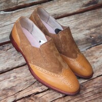 Handmade Men's Brown Leather Suede Shoes ,Wing Tip Brogue Toe Loafer Shoes - Thumbnail 1