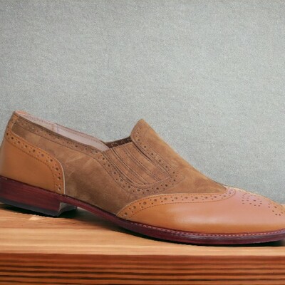 Handmade men's brown leather suede shoes ,wing tip brogue toe loafer shoes