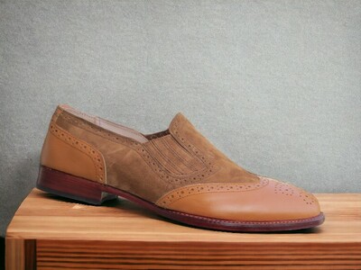 Handmade Men's Brown Leather Suede Shoes ,Wing Tip Brogue Toe Loafer Shoes
