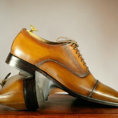 Handmade men's tan leather shoes ,lace up cap toe shoes