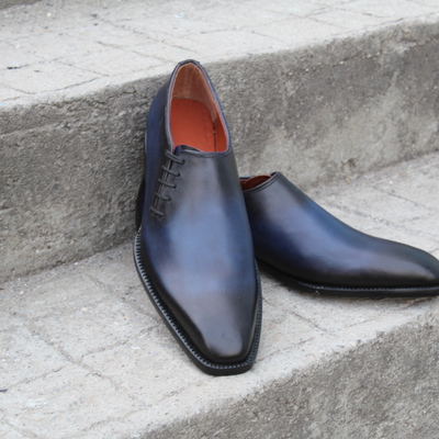 Crafted leather men blue black shaded classic side laces oxford dress shoes - Thumbnail 5