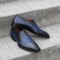 Crafted Leather Men Blue Black Shaded Classic Side Laces Oxford Dress Shoes - Thumbnail 4