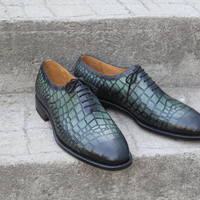 Crafted Leather Black Green Classic Crocodile/Alligator Oxford Dress Shoes - Thumbnail 1