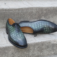 Crafted Leather Black Green Classic Crocodile/Alligator Oxford Dress Shoes - Thumbnail 2