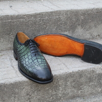 Crafted Leather Black Green Classic Crocodile/Alligator Oxford Dress Shoes - Thumbnail 3