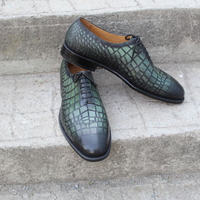 Crafted Leather Black Green Classic Crocodile/Alligator Oxford Dress Shoes - Thumbnail 6
