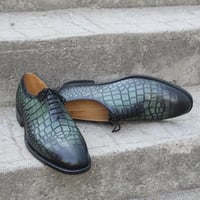 Crafted Leather Black Green Classic Crocodile/Alligator Oxford Dress Shoes - Thumbnail 9