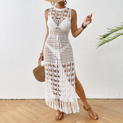White Boho Crochet Maxi Dress Swimwear Coverups Hollow Out Knitted Bikini Wrap Cover