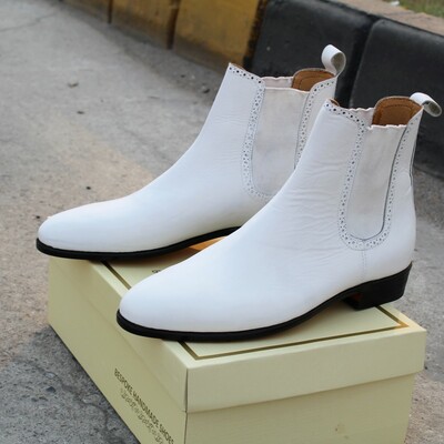 Crafted leather classic men shoes white leather chelsea fashion dress boot - Thumbnail 5