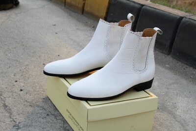 Crafted Leather Classic Men Shoes White Leather Chelsea Fashion Dress Boot
