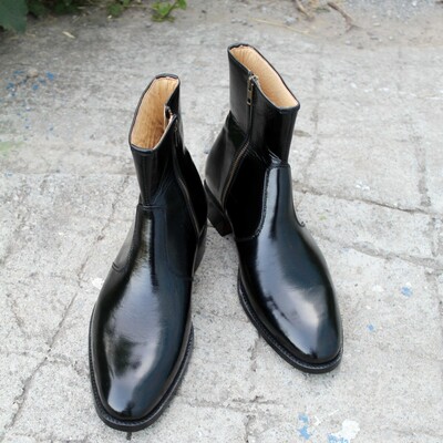 Crafted leather bespoke dress shoes glassy black patent leather side zipper ankle high boot