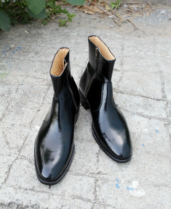 Crafted Leather Bespoke Dress Shoes Glassy Black Patent Leather Side Zipper Ankle High Boot