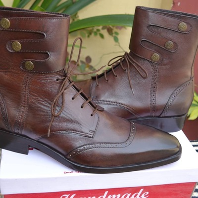 Crafted leather bespoke dress shoes classic dark brown leather ankle high lace up boot - Thumbnail 2