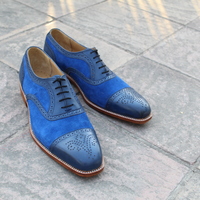 Crafted Leather Blue Calf and Suede Leather Oxford Lace up Dress Shoes - Thumbnail 1