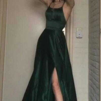 A line straps dark green long stain prom dresses - Thumbnail 1