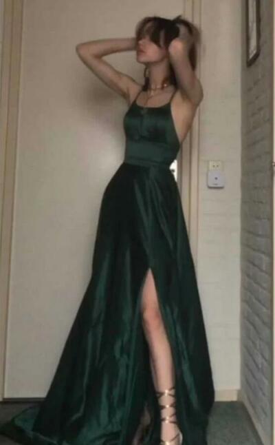 A line Straps Dark Green Long Stain Prom Dresses