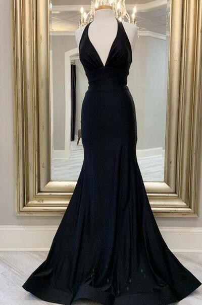 Mermaid Full Length Halter Black Long Evening Dress