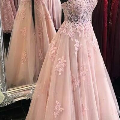 A-line strapless tulle sweep train appliques lace prom dresses - Thumbnail 2
