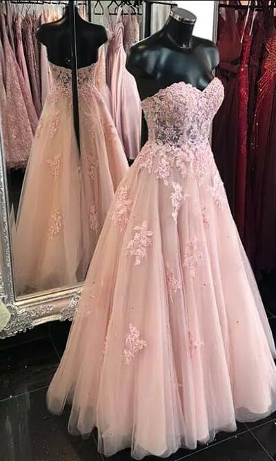 A-line Strapless Tulle Sweep Train Appliques Lace Prom Dresses