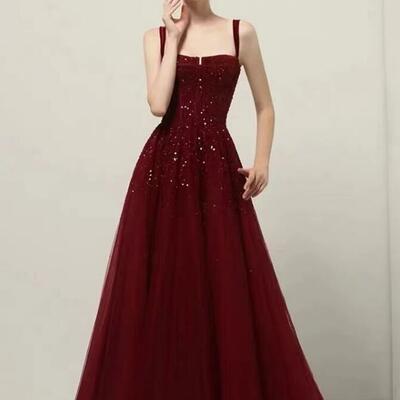 Charming spaghetti strap wine red sequin prom dresses - Thumbnail 4