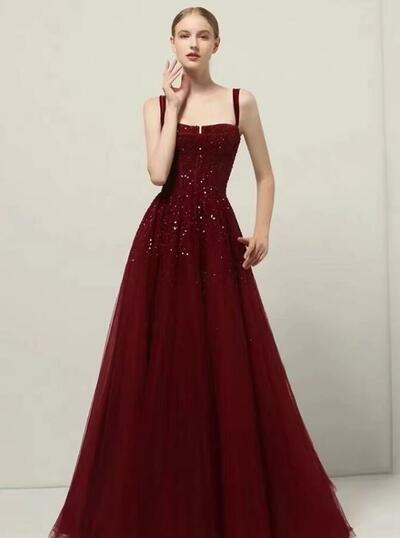 Charming Spaghetti Strap Wine Red Sequin Prom Dresses