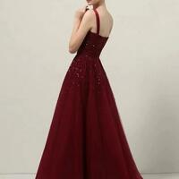 Charming Spaghetti Strap Wine Red Sequin Prom Dresses - Thumbnail 4