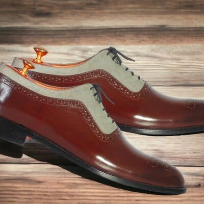 Handmade men's burgundy and gray leather and suede shoes ,lace up wing tip shoes