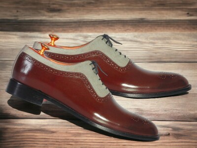 Handmade Men's Burgundy and Gray Leather and Suede Shoes ,Lace Up Wing Tip Shoes