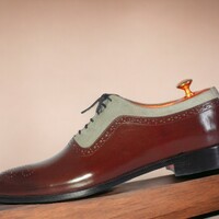 Handmade Men's Burgundy and Gray Leather and Suede Shoes ,Lace Up Wing Tip Shoes - Thumbnail 1