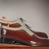 Handmade Men's Burgundy and Gray Leather and Suede Shoes ,Lace Up Wing Tip Shoes - Thumbnail 2