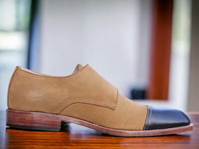 Handmade Men's Tan And Black Leather and Suede Shoes ,Cap Toe Double Buckle Shoes