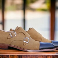 Handmade Men's Tan And Black Leather and Suede Shoes ,Cap Toe Double Buckle Shoes - Thumbnail 1
