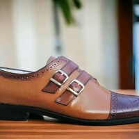 Handmade men's brown and black leather shoes ,cap toe brogue double buckle shoes - Thumbnail 1