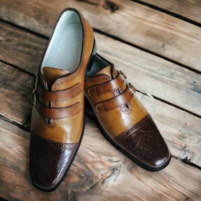 Handmade men's brown and black leather shoes ,cap toe brogue double buckle shoes