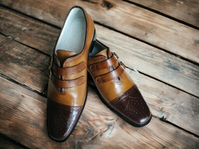 Handmade men's brown and black leather shoes ,cap toe brogue double buckle shoes