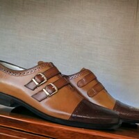 Handmade men's brown and black leather shoes ,cap toe brogue double buckle shoes - Thumbnail 2