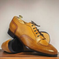 Handmade Men's Tan Leather Shoes ,Wing Tip Lace Up Dress Shoes - Thumbnail 1