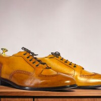 Handmade Men's Tan Leather Shoes ,Wing Tip Lace Up Dress Shoes - Thumbnail 2