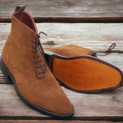 Handmade men's tan suede boot ,wing tip lace up ankle high boot