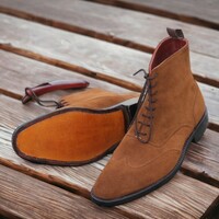 Handmade Men's Tan Suede Boot ,Wing Tip Lace Up Ankle High Boot - Thumbnail 1