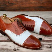 Men's Burgundy And White Leather Shoes ,Cap Toe Wing Tip Lace Up Shoes - Thumbnail 1