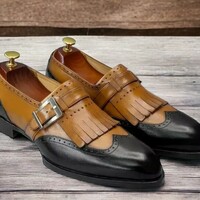 Handmade Men's two tone dress Leather Shoes ,Black and Brown Shoes ,Fringes  Wing Tip Shoes - Thumbnail 1