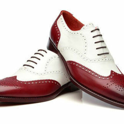 Handmade men two tone wing tip formal shoes, men white and burgundy brogue shoes