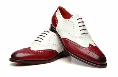 Handmade Men Two tone wing tip formal shoes, Men white and burgundy brogue shoes