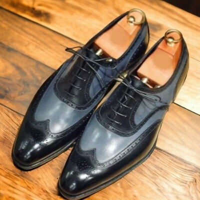 Handmade men's two tone wing tip shoes ,black leather lace up dress shoes