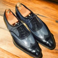 Handmade men's two tone wing tip Shoes ,black leather lace up dress shoes - Thumbnail 1