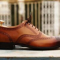 Handmade Pure Leather Tan Wing Tip Brogue Shoes, Men's Dress Lace Up Shoes - Thumbnail 1