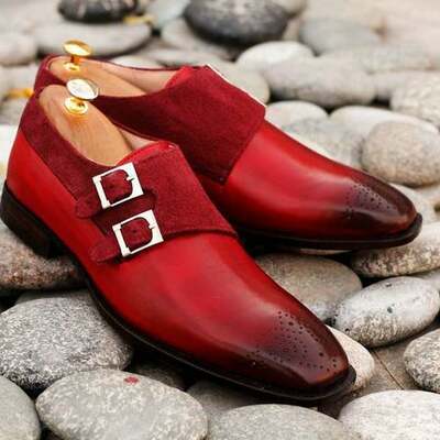 Handmade pure leather & suede burgundy color double monk strap brogue toe dress