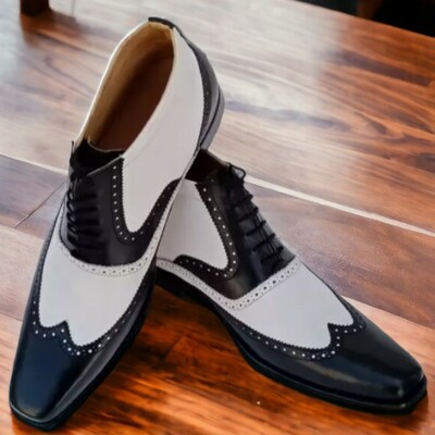 Handmade men's two tone wing tip boot ,black and white leather lace up dress boot - Thumbnail 2